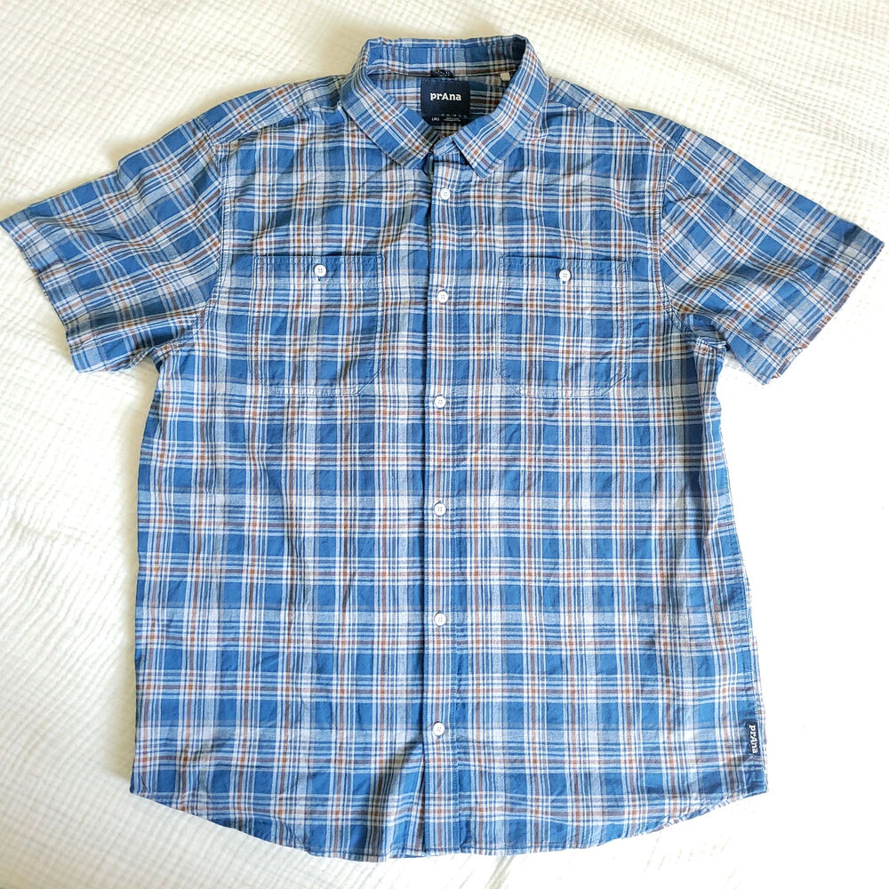 Prana Mens L Blue Plaid 100% Organic Cotton Casual Button-up Shirt Short Sleeve